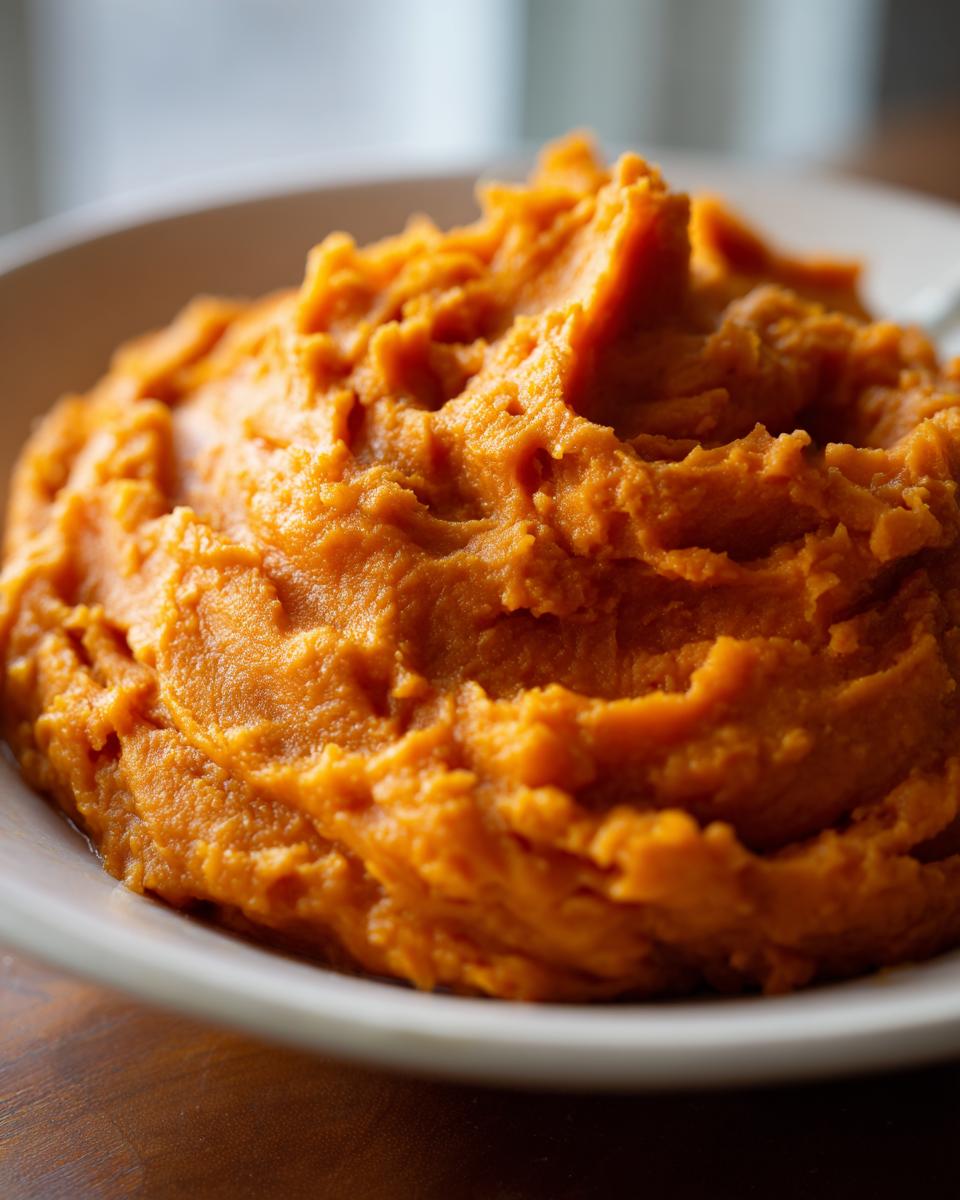 Close-up of creamy, vibrant orange mashed sweet potatoes piled high in a white bowl.