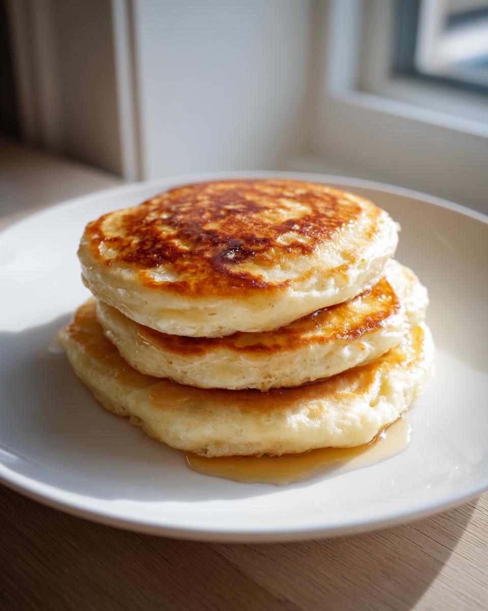 A stack of three fluffy oatmeal pancakes drizzled with syrup on a white plate.