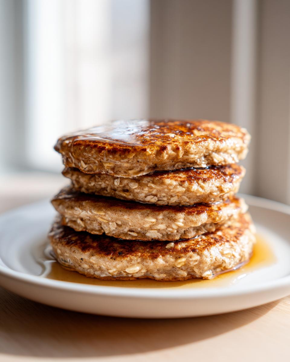 Close-up of a stack of four fluffy oatmeal pancakes drizzled with syrup on a white plate.