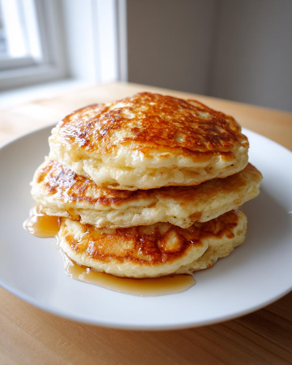 A stack of three fluffy oatmeal pancakes drizzled with syrup on a white plate.