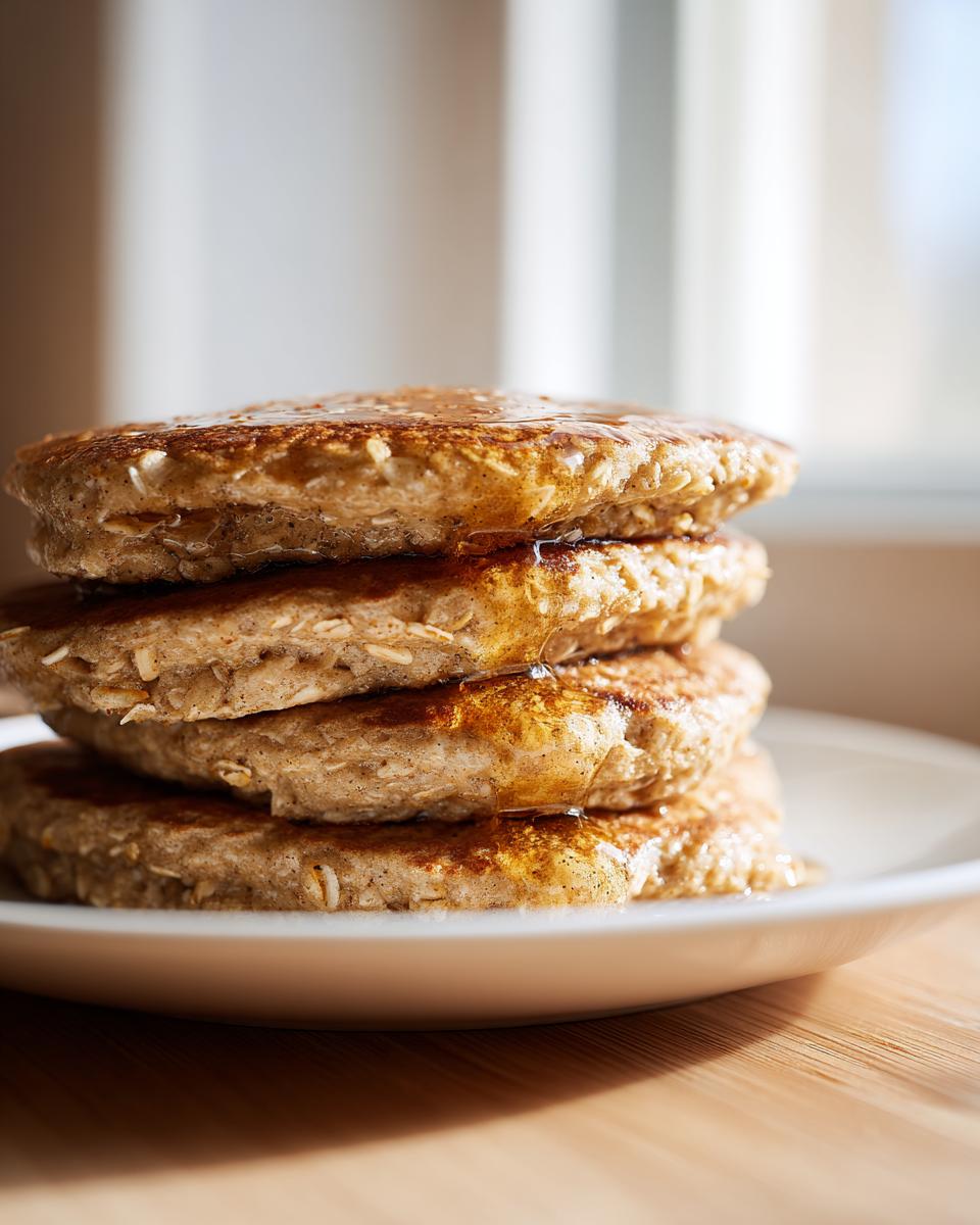 A close-up stack of four fluffy oatmeal pancakes drizzled with syrup, sitting on a white plate.