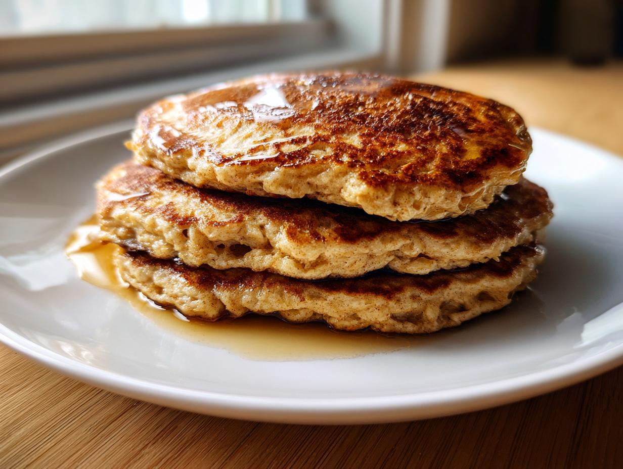 A stack of three fluffy oatmeal pancakes drizzled generously with maple syrup on a white plate.