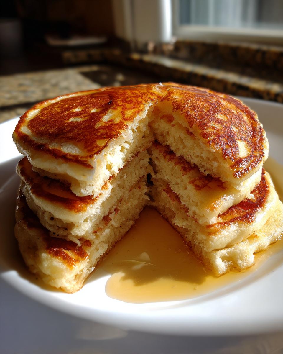 A stack of fluffy pancakes cut open to show the airy interior, drizzled with syrup.