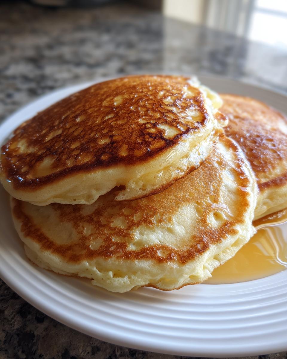 Close-up of a stack of three fluffy pancakes drizzled with syrup on a white plate.