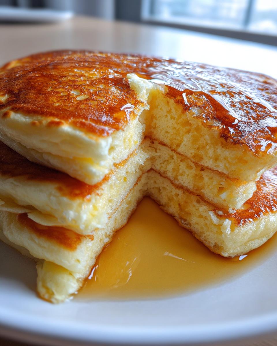 Close-up of a stack of incredibly fluffy pancakes cut open to show the airy interior, drizzled with golden syrup.