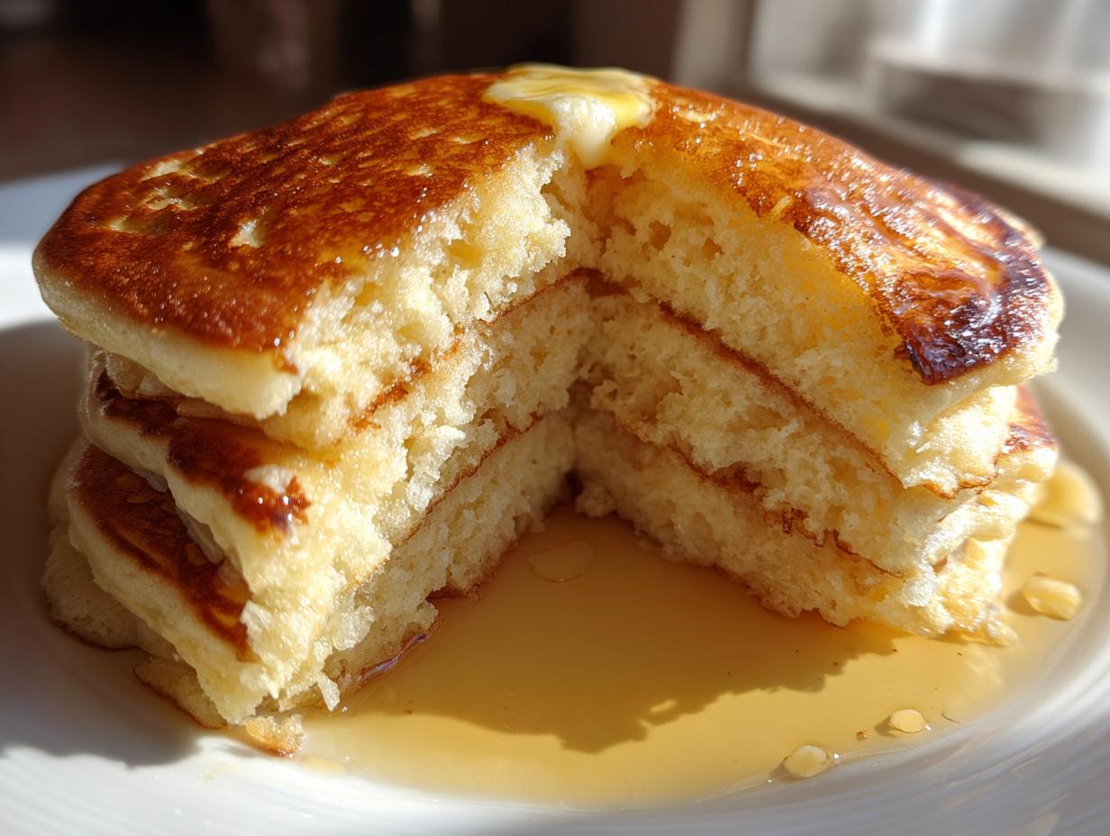 Close-up of a stack of three fluffy pancakes cut open, topped with melting butter and syrup.