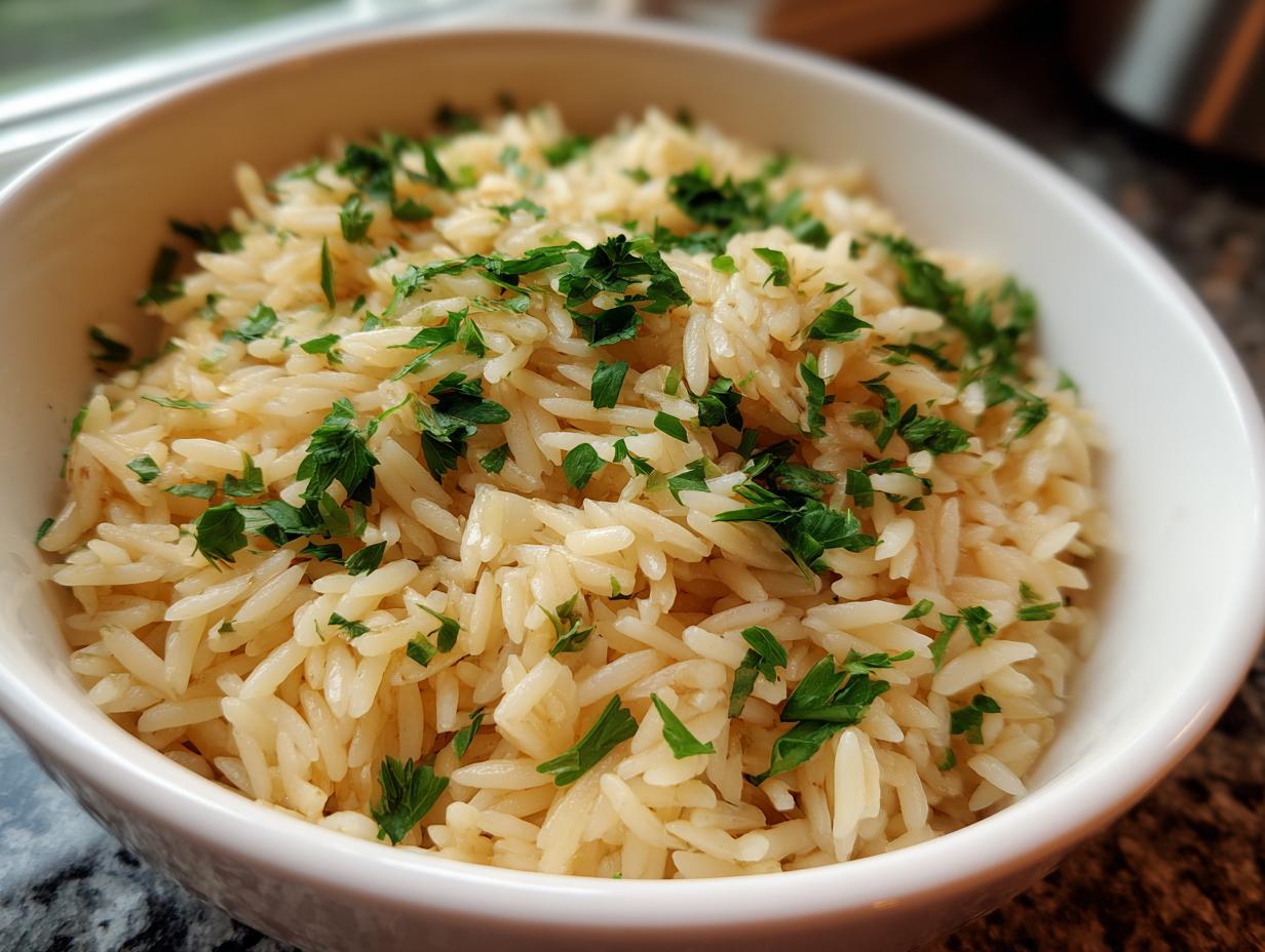 Close-up of a white bowl filled with fluffy, golden rice pilaf garnished generously with chopped fresh parsley.