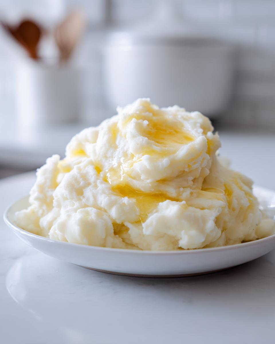A white bowl filled with fluffy slow cooker mashed potatoes topped with melted butter.