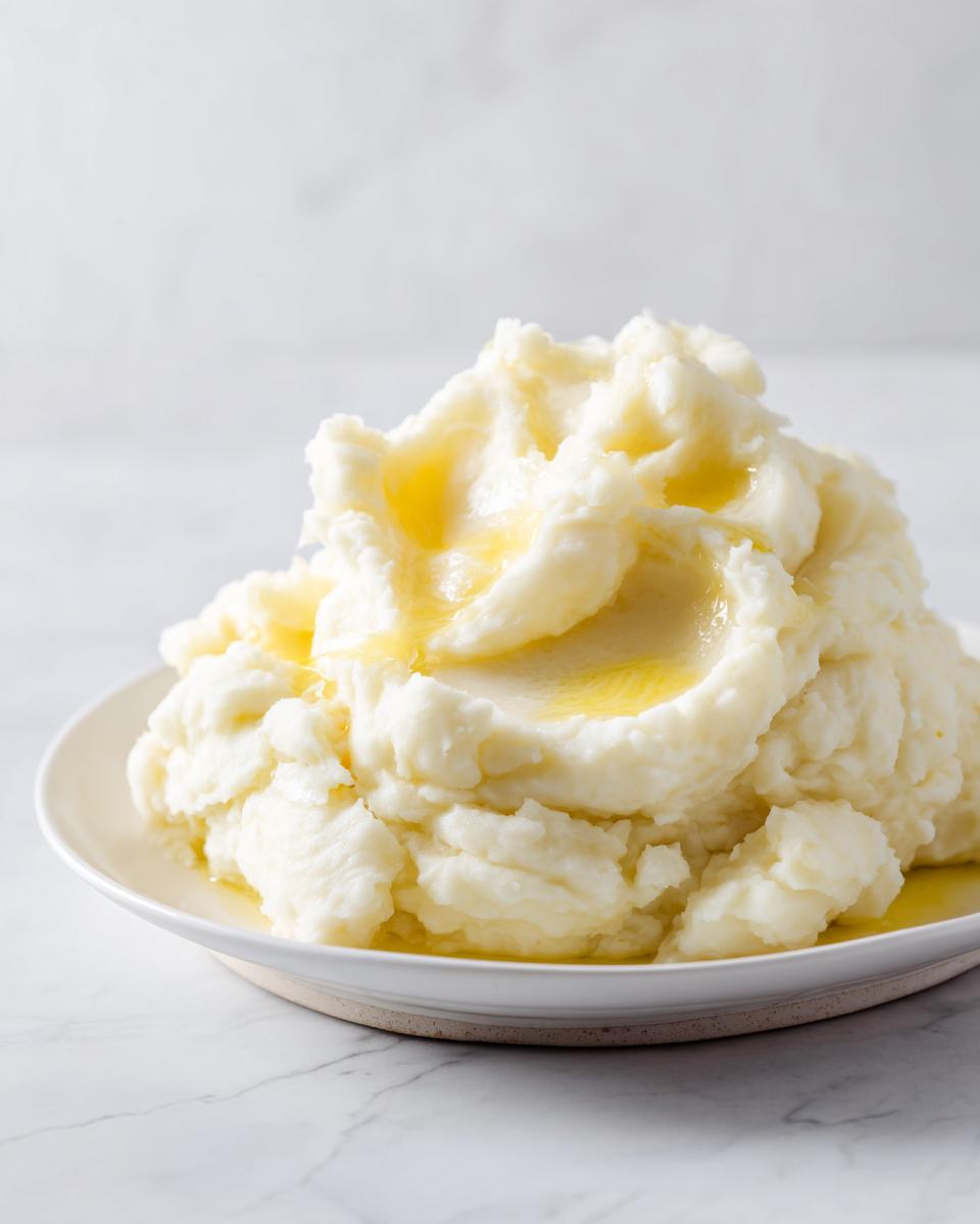 A generous serving of fluffy slow cooker mashed potatoes topped with pools of melted butter on a white plate.