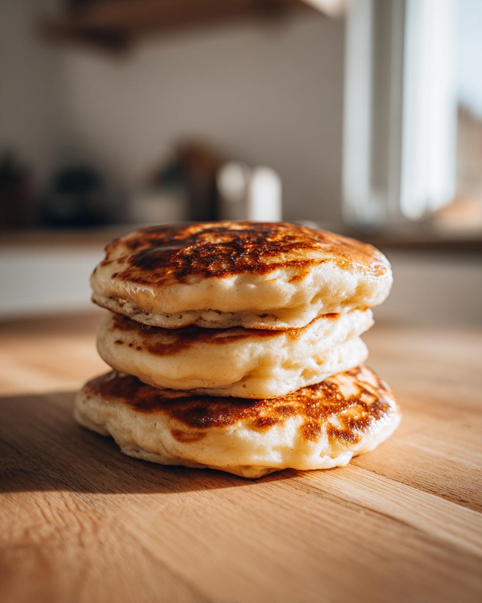 A stack of three fluffy sourdough discard pancakes with golden brown tops resting on a wooden surface.