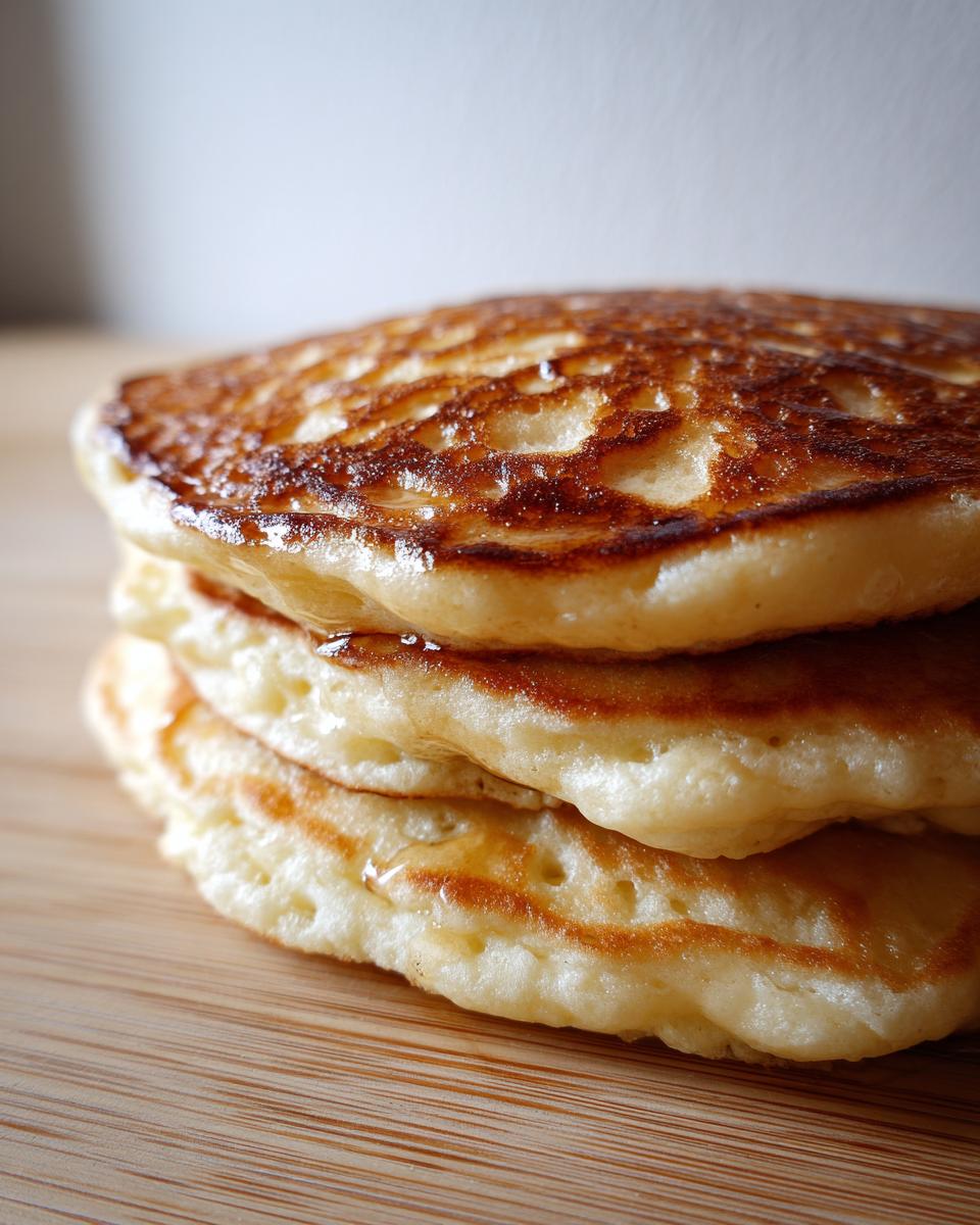 Close-up of a tall stack of fluffy sourdough discard pancakes drizzled with syrup.