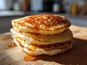 A close-up stack of three fluffy sourdough discard pancakes drizzled with syrup on a wooden board.
