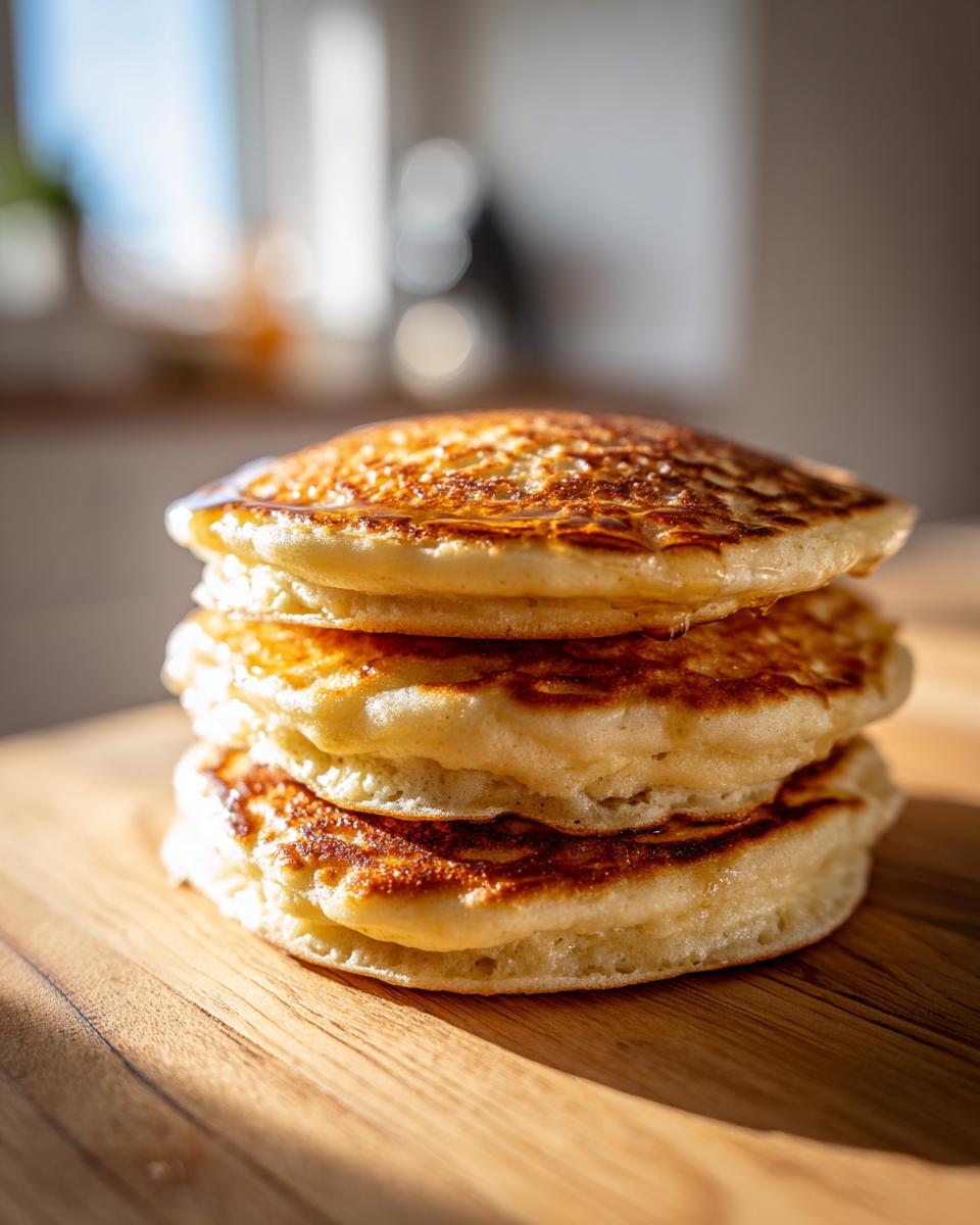 A tall stack of four fluffy sourdough discard pancakes drizzled with syrup on a wooden board.