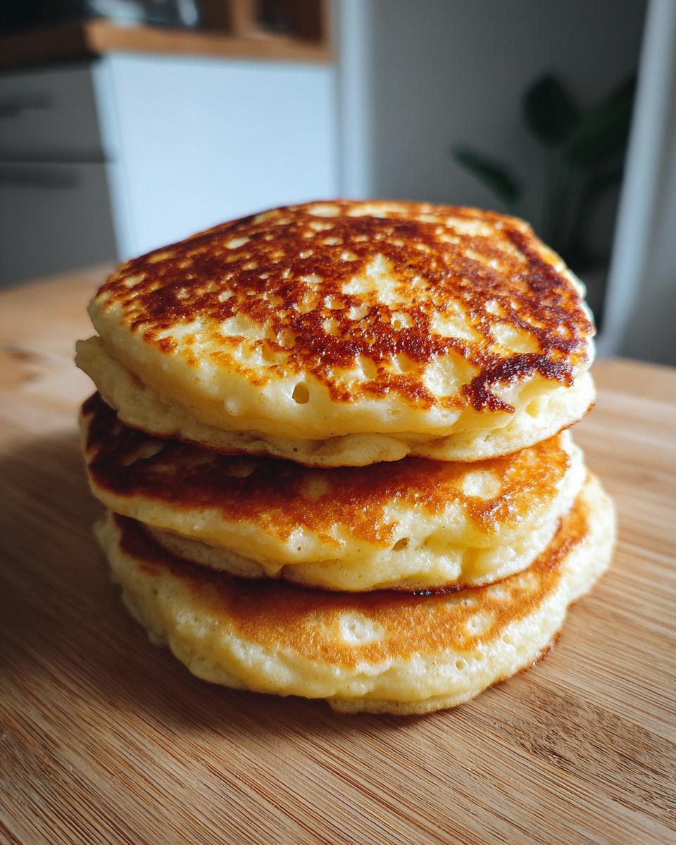 A tall stack of three golden-brown, fluffy sourdough discard pancakes on a wooden surface.