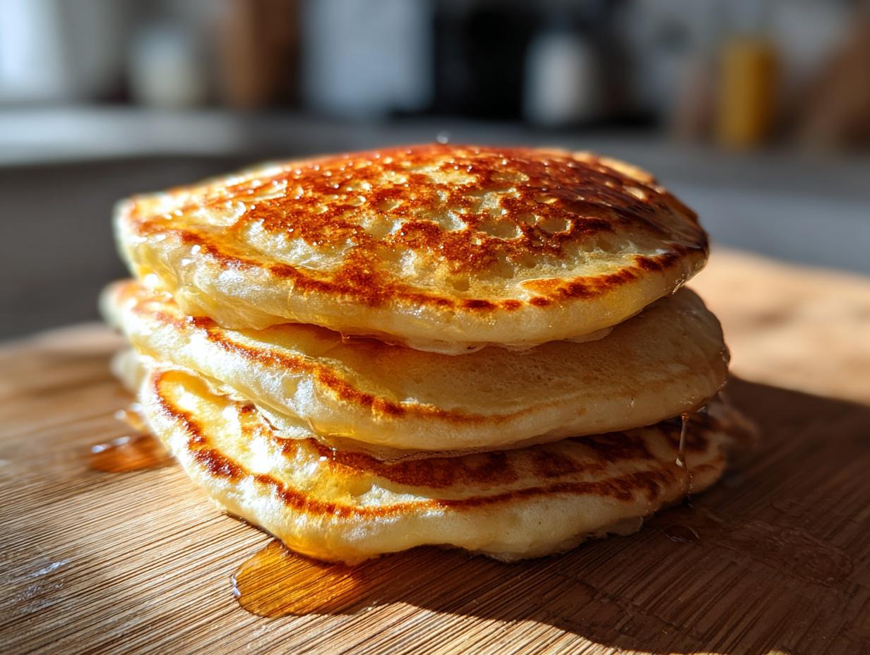 A close-up stack of three fluffy sourdough discard pancakes drizzled with syrup on a wooden board.