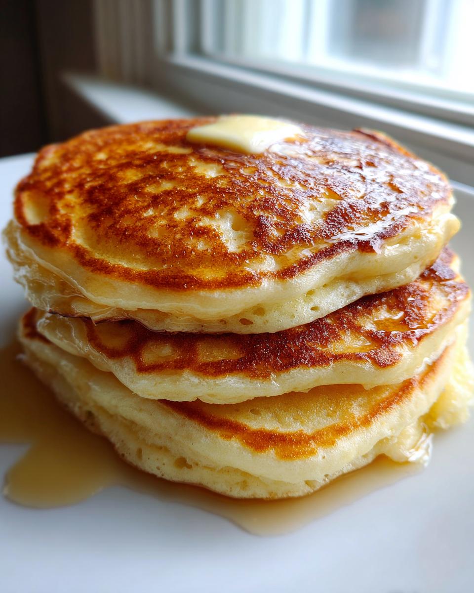 Close-up of a tall stack of three fluffy pancakes topped with melting butter and drizzled with syrup.