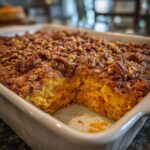 Close-up of a fluffy sweet potato souffle in a white baking dish with a rich pecan topping.