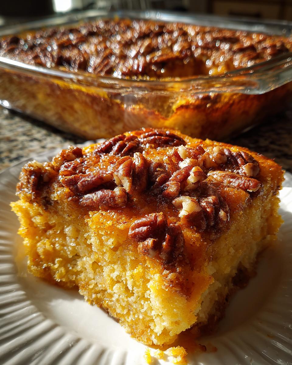 A close-up of a slice of fluffy sweet potato souffle topped with glazed pecans, with the baking dish in the background.