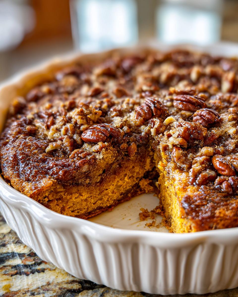 Close-up of a fluffy sweet potato souffle in a white baking dish with a rich, caramelized pecan topping.