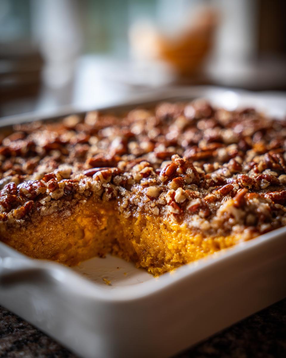 A close-up of a bright orange sweet potato souffle in a white baking dish with a serving removed, topped with pecans.