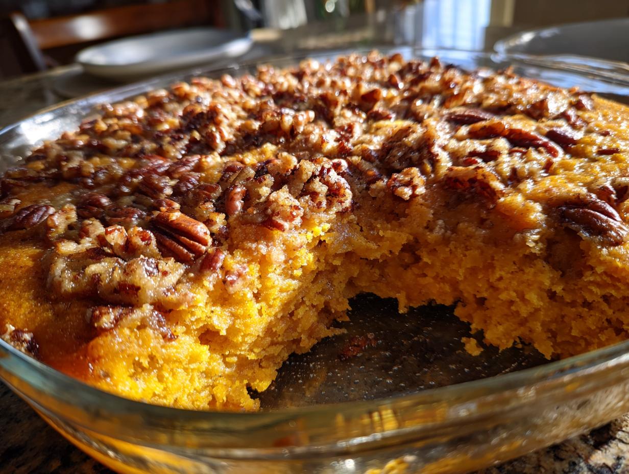 Close-up of a fluffy sweet potato souffle in a glass dish, featuring a caramelized pecan topping.