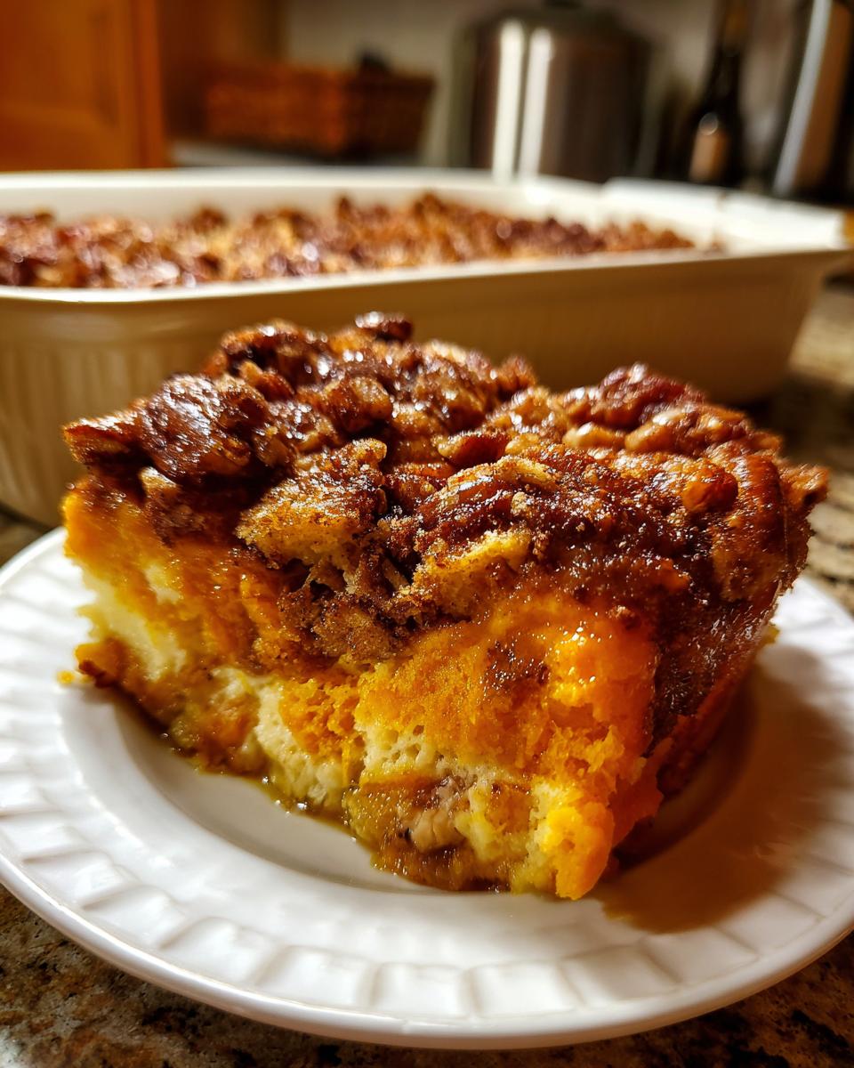 A close-up serving of fluffy sweet potato souffle with a rich, caramelized pecan topping on a white plate.