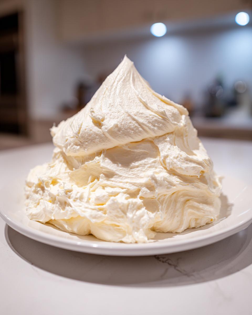 A large, fluffy mound of freshly made vanilla buttercream frosting piled high on a white plate.