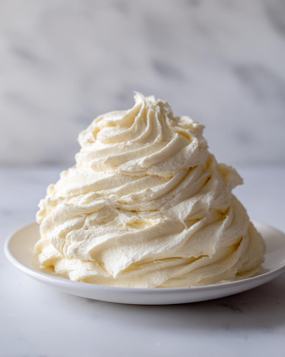 A large, beautifully piped swirl of creamy, pale yellow vanilla buttercream frosting on a white plate.
