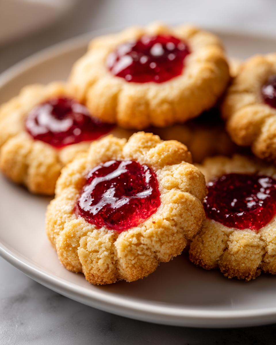 A close-up stack of buttery, fluted raspberry thumbprint cookies filled with bright red jam on a light plate.