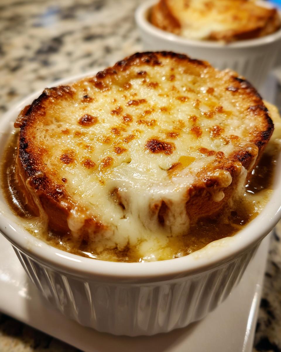 Close-up of bubbling, melted cheese topping a crouton in a bowl of rich french onion soup.