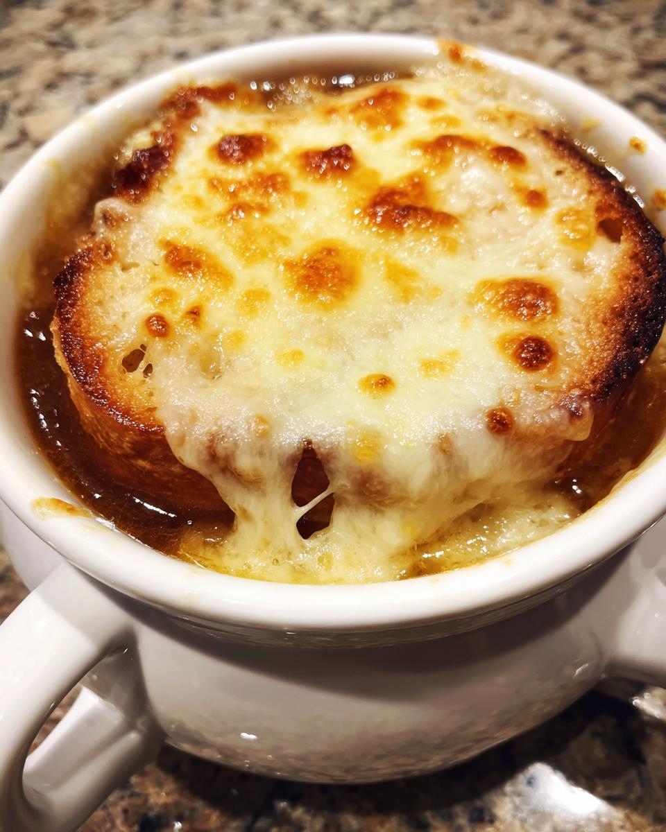 Close-up of a white crock filled with rich french onion soup topped with a toasted crouton and melted, bubbly Gruyère cheese.