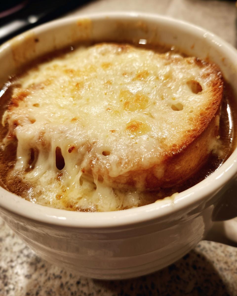 Close-up of a white crock filled with rich french onion soup topped with a thick slice of toasted bread and bubbly, melted Gruyère cheese.