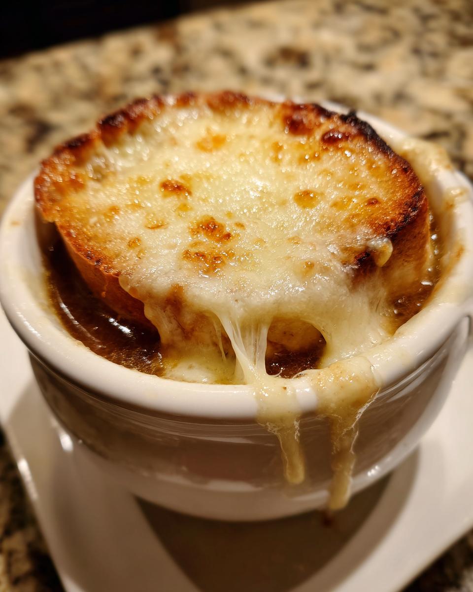 Close-up of a crock of french onion soup topped with a thick layer of melted, browned cheese dripping down the side.