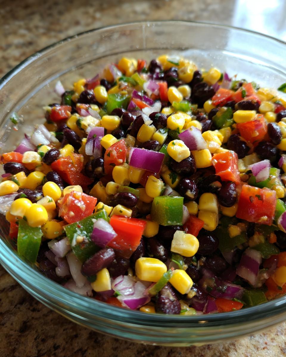Close-up of fresh cowboy caviar dip featuring black beans, corn, red onion, tomatoes, and green peppers in a glass bowl.