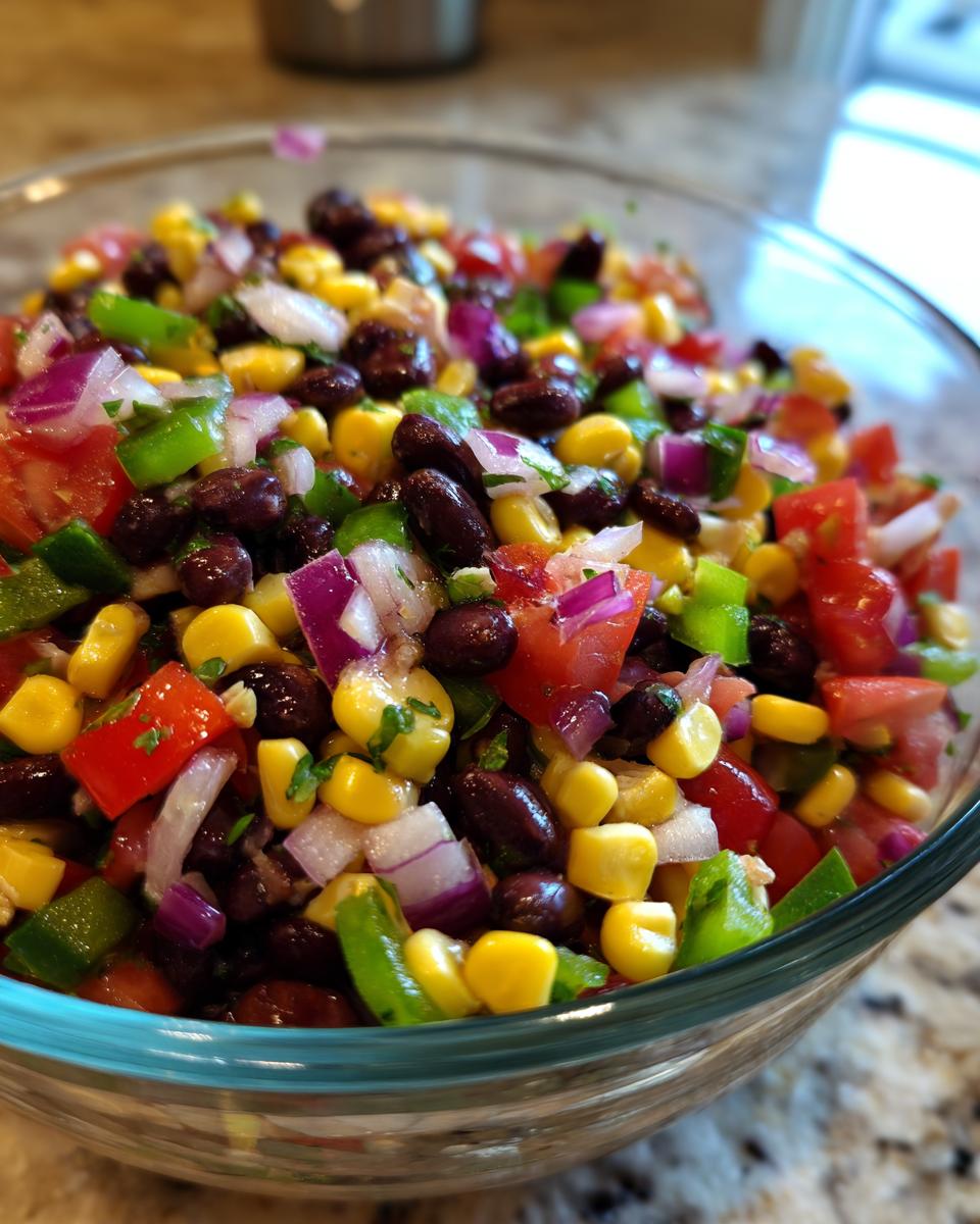 Close-up of vibrant Cowboy Caviar dip featuring black beans, corn, red onion, tomatoes, and green peppers.