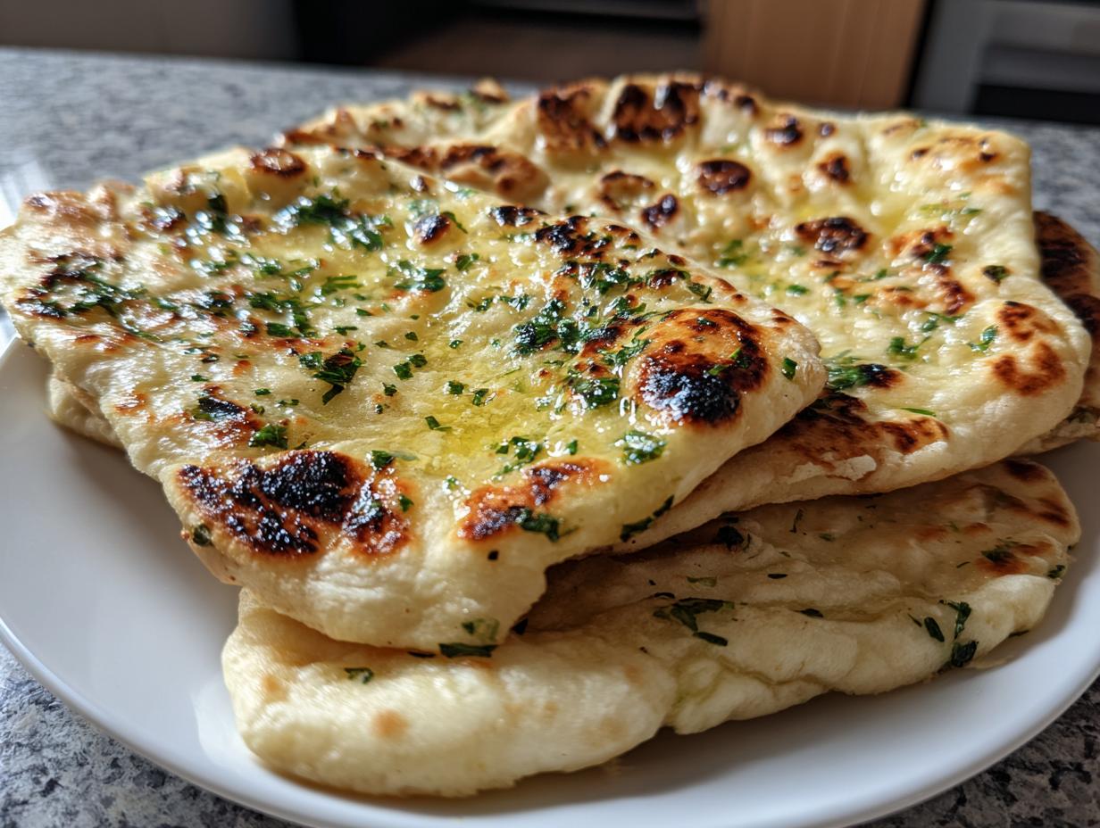 Close-up of several pieces of freshly cooked naan bread brushed with melted butter and sprinkled with green herbs.