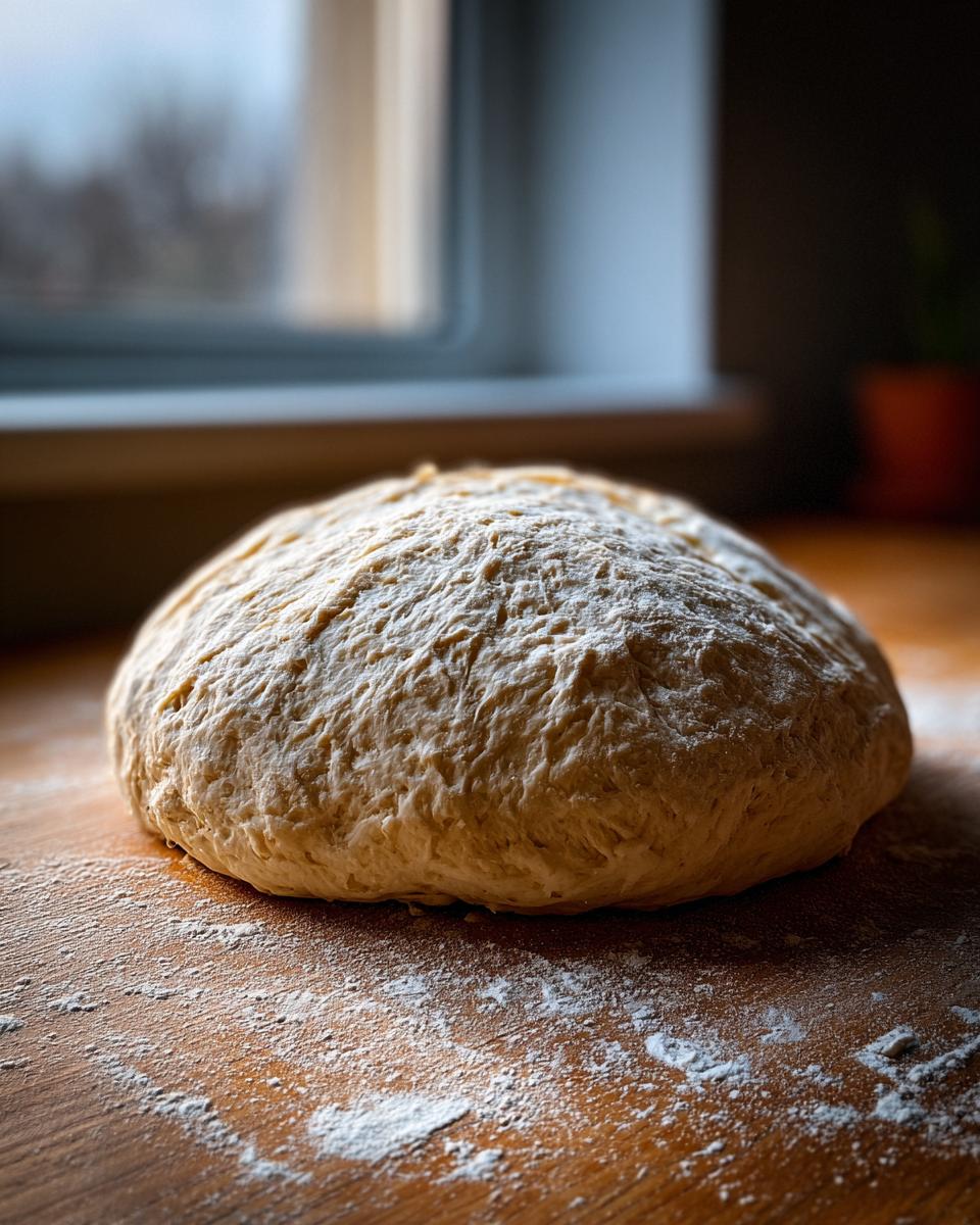 A round ball of freshly kneaded pizza dough dusted with flour, resting on a wooden surface near a window.
