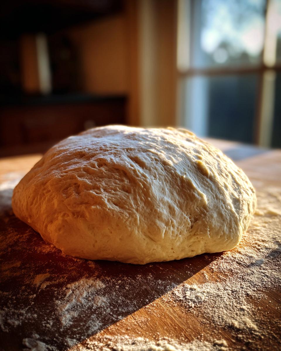 A large, smooth ball of freshly prepared pizza dough resting on a floured wooden surface, illuminated by warm sunlight.