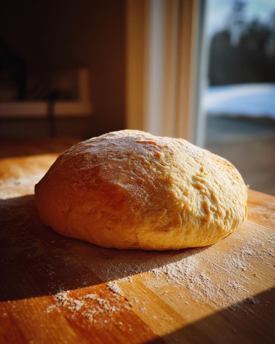 A golden ball of freshly kneaded pizza dough resting on a floured wooden surface, illuminated by sunlight.