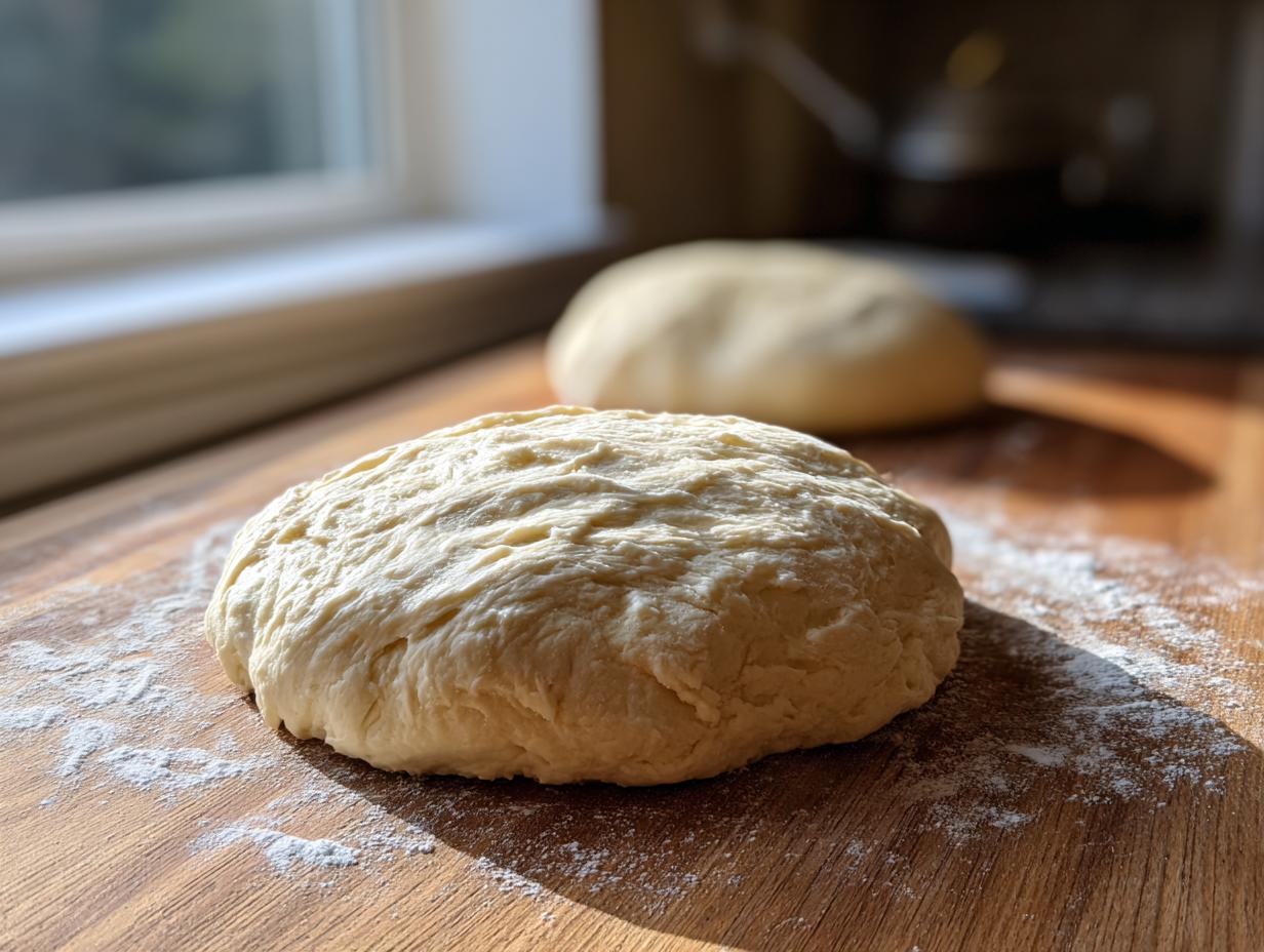 Two balls of freshly kneaded pizza dough recipe resting on a floured wooden surface near a sunlit window.