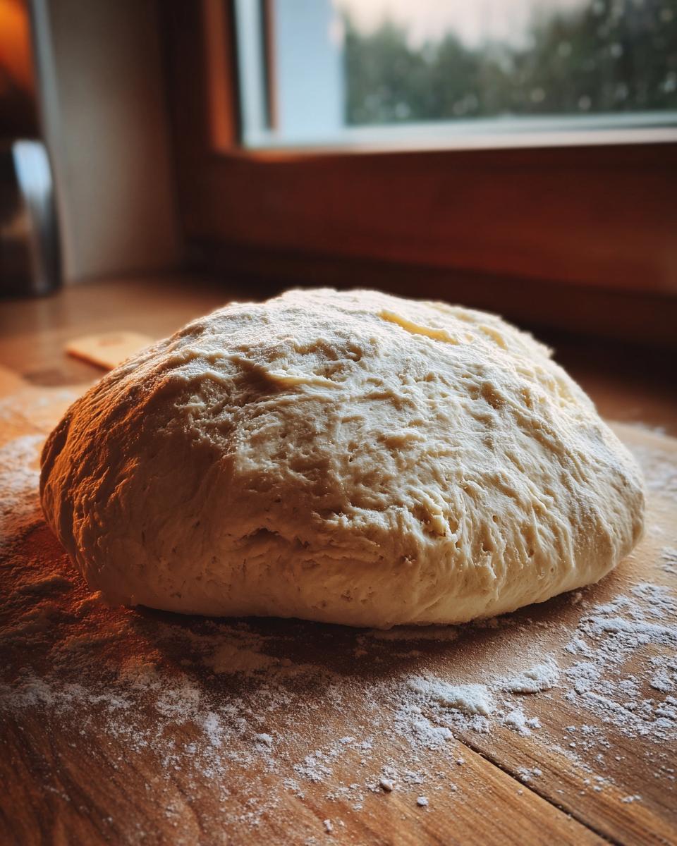 A large, round ball of freshly kneaded pizza dough dusted with flour resting on a wooden board.