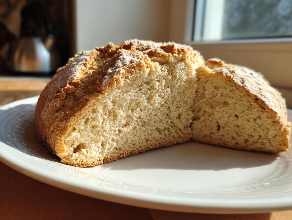 A round loaf of freshly baked soda bread, cut in half to show the soft interior, resting on a white plate.