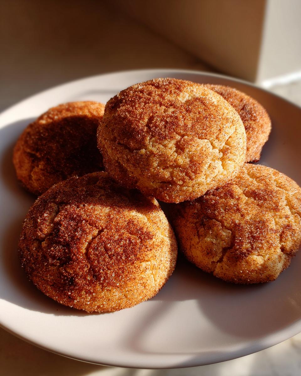 A close-up of four freshly baked snickerdoodles generously coated in cinnamon sugar, resting on a light plate.