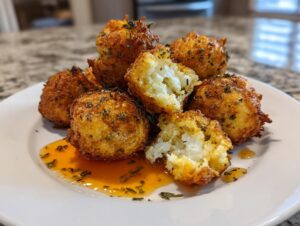 A pile of crispy, golden brown fried goat cheese balls sprinkled with herbs, served with a sweet orange sauce.
