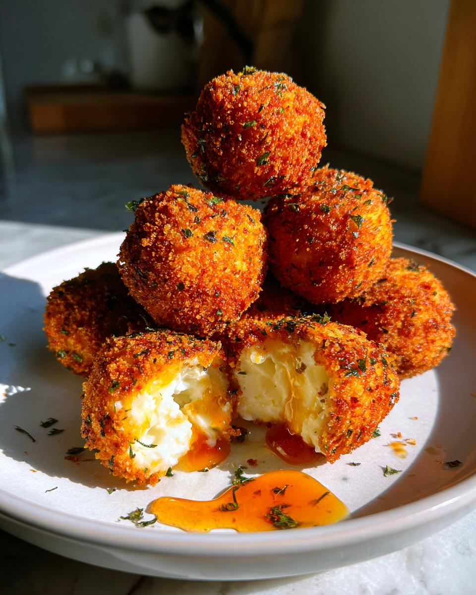 A stack of crispy, golden fried goat cheese balls, one cut open showing melted cheese and honey.
