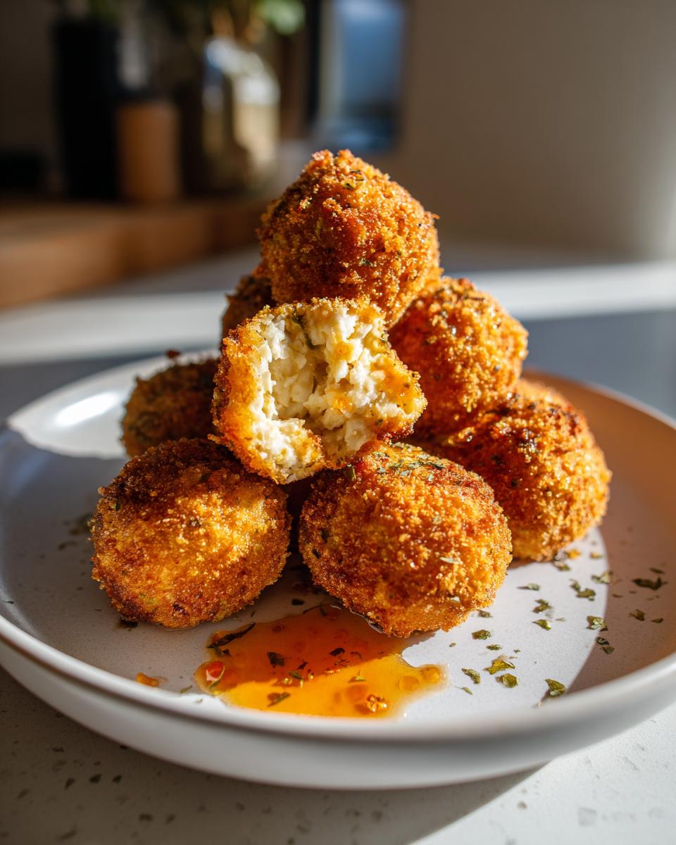 A stack of crispy, golden brown fried goat cheese balls, one is broken open revealing the creamy interior.