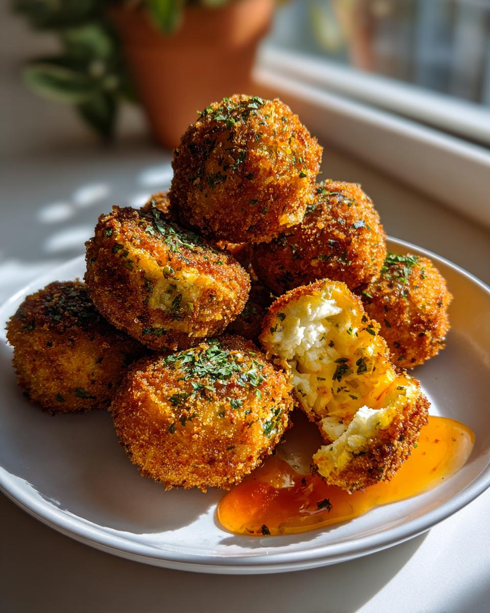 A stack of crispy, golden fried goat cheese balls garnished with parsley, one is broken open showing the soft interior.