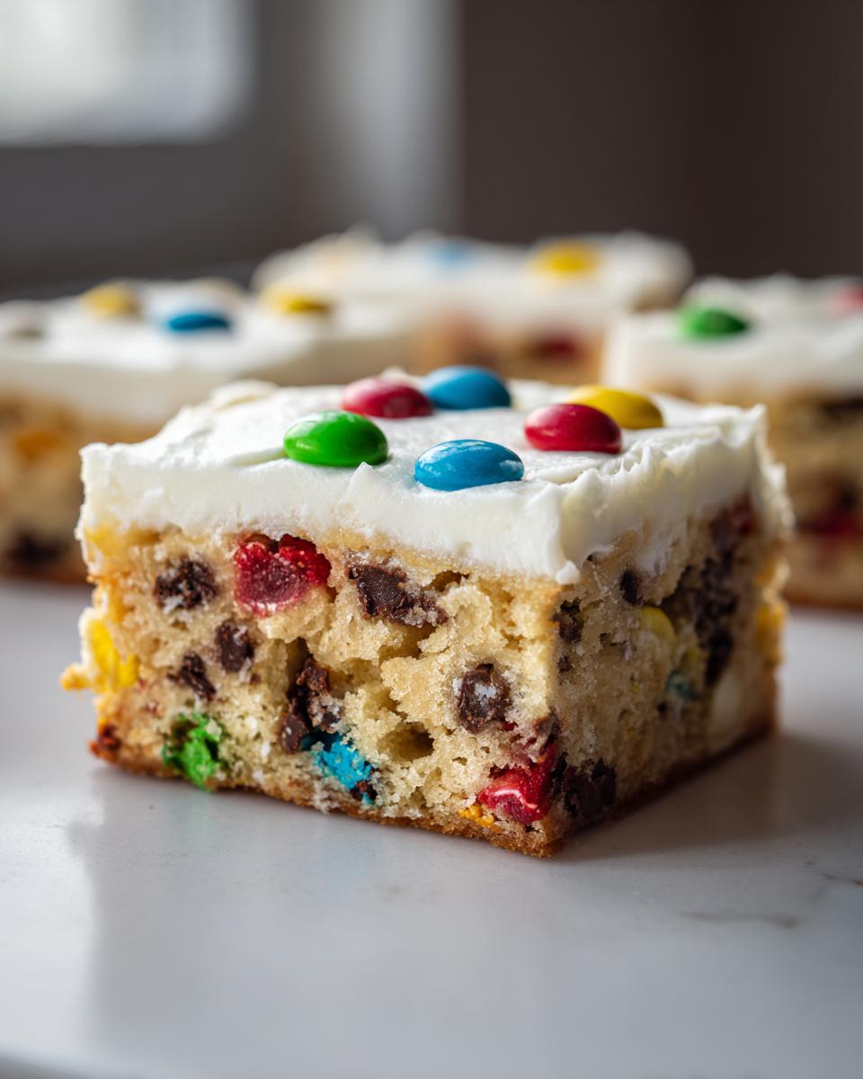 A close-up of a single, thick slice of christmas cookie bars topped with white frosting and colorful candy pieces.