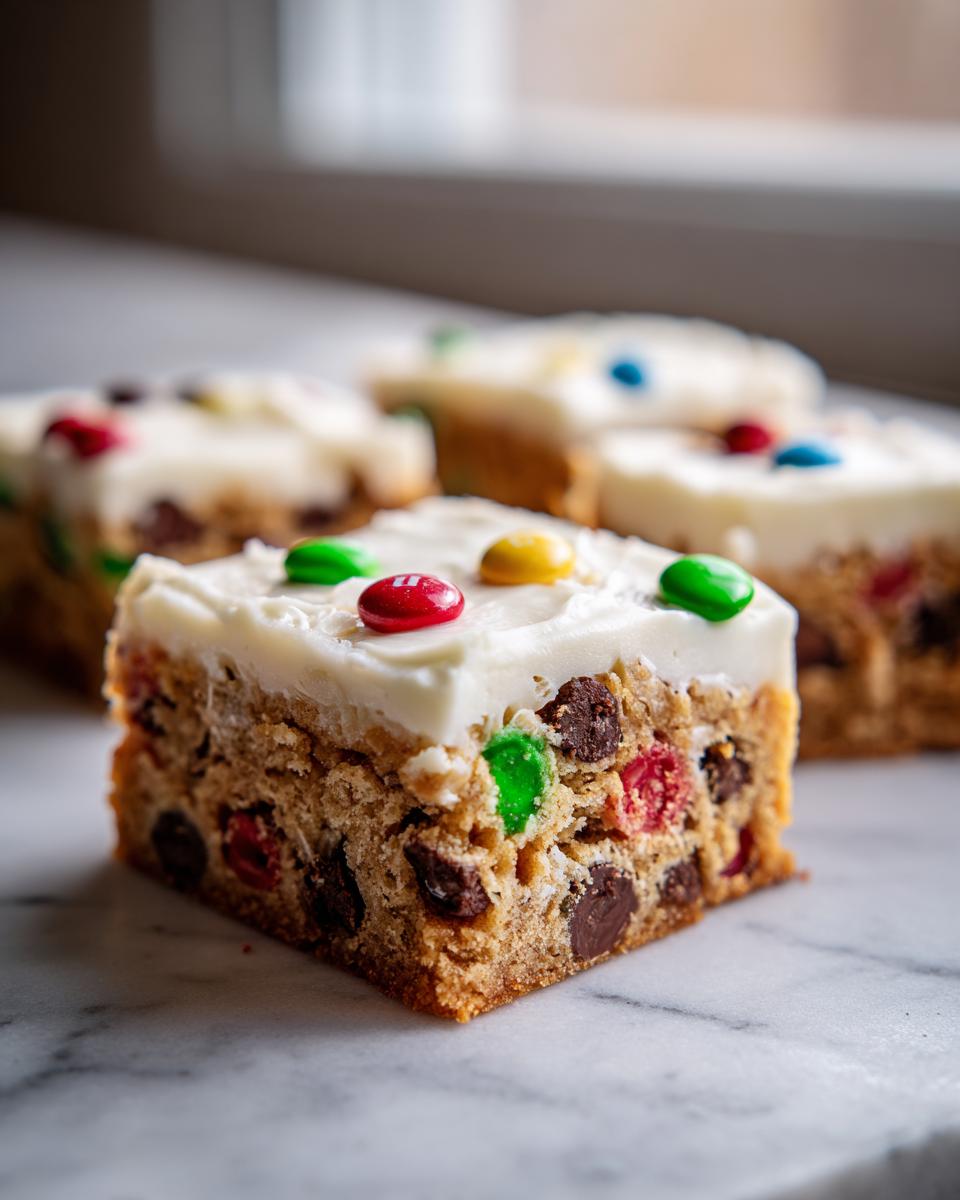 A square slice of thick christmas cookie bars loaded with chocolate chips and M&Ms, topped with white frosting.
