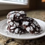 A stack of four fudgy chocolate crinkle cookies heavily dusted with powdered sugar on a white plate.